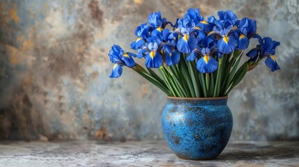   A blue vase brimming with blue blossoms resting on a wooden coffee table beside a weathered metal wall