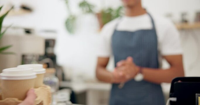 Barista, customer and takeaway coffee or hands or giving at counter as breakfast order, morning or espresso. Person, parcel and cafe shop or lunch beverage for small business food, latte or drink