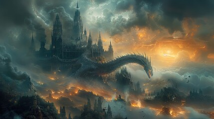 A magnificent dragon entwined around the spires of an ancient castle. mythical creature. Fictional world. - obrazy, fototapety, plakaty