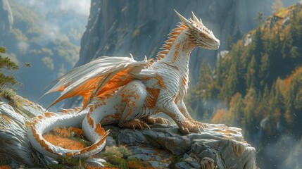 A majestic white dragon perched atop a rocky cliff. mythical creature. Fictional world. - obrazy, fototapety, plakaty