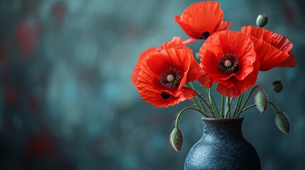   A black vase containing red flowers sits atop a wooden table, adjacent to a blue wall and opposite a blue background