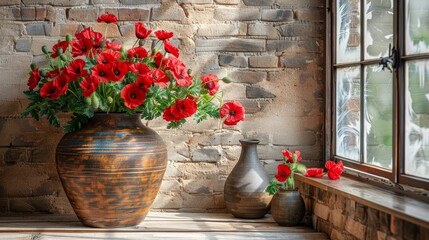   A vase brimming with red blooms rests near two other vases holding red blossoms, adjacent to a brick wall