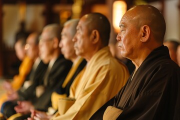 A group of Buddhist monks involved in what seems to be a spiritual gathering or meditation, in traditional monastic attire