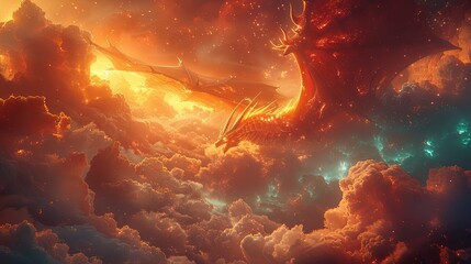 A mythical dragon floating amidst clouds and shimmering stars. Mythical creature. Fictional world. - obrazy, fototapety, plakaty