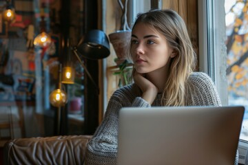 Young woman deep in thought while looking out a window next to her laptop in a café