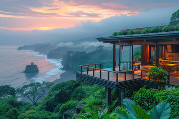 Photo of an ultraluxury modern house on the edge of a rainforest overlooking the ocean in a lush green jungle, on top of a cliff with a view over a beach and cliffs at sunset. Created with Ai - obrazy, fototapety, plakaty