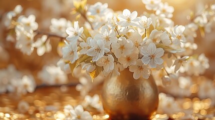   A golden vase brimming with pure blooms rests beside a white vase adorned with similar blossoms atop a table
