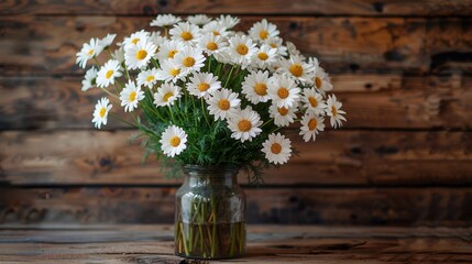   A vase brimming with many white daisies atop a wooden table against a wooden backdrop