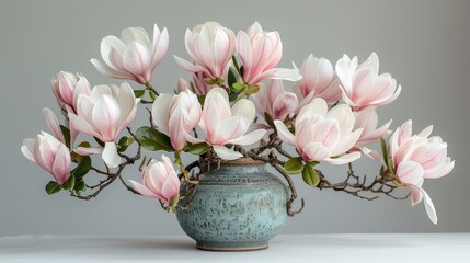   A vase brimming with vibrant pink blossoms perched atop a pristine white table against a muted gray backdrop