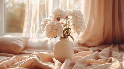   A vase brimming with white blossoms rests atop a bed near a window adorned with drapes