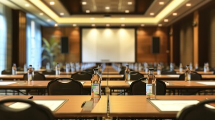 A large conference room with a projector screen and a number of empty chairs