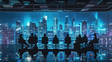 Obraz premium A group of people are sitting in a room with a city view in the background