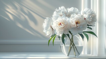   A vase of white flowers perched atop a window sill alongside white curtains
