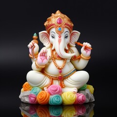 illustration of Hindu god ganesha ji colorful mini idol made of white, Generative ai