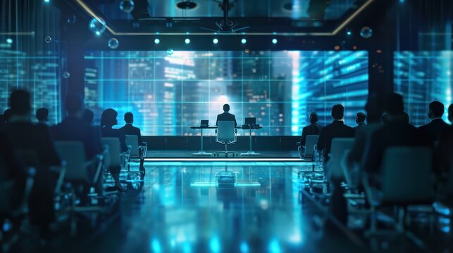 A group of people are sitting in a room with a large screen in the background