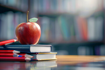 Red apple resting on stack of books amidst school supplies - Powered by Adobe
