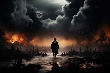 Lone soldier walks through burning city. Apocalyptic landscape - obrazy, fototapety, plakaty