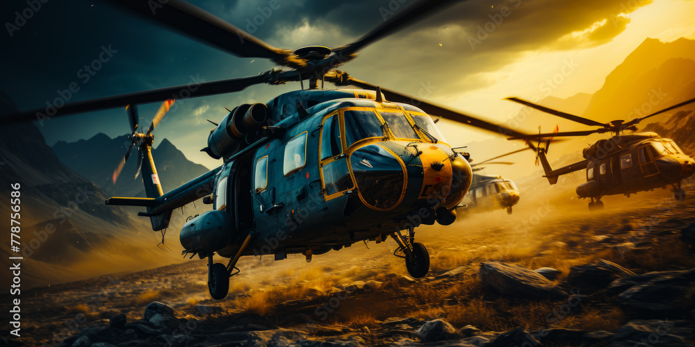 Canvas Prints Military helicopter. Image of military helicopter is preparing to land on mountain terrain.