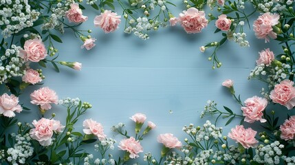   Pink and white flowers formed into a heart shape on a blue backdrop with baby's breath - obrazy, fototapety, plakaty