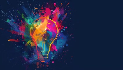 A vibrant colorful lightbulb with an explosion of colors and shapes emanating from it, set against...