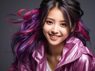 Woman With Purple Hair and Pink Jacket