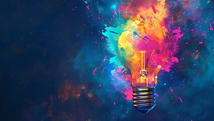 A vibrant colorful lightbulb with an explosion of colors and shapes emanating from it, set against a dark blue background - obrazy, fototapety, plakaty