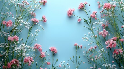   Pink and white flowers against a blue backdrop with room for text at the top