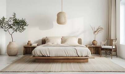 A simple bedroom with a beige bed, wooden bedside tables and chairs
