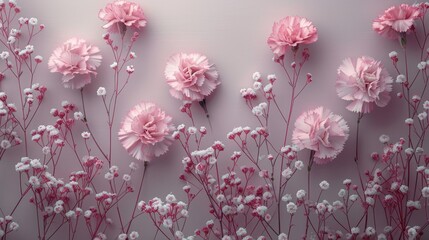  A cluster of pink blossoms adorning a pink background with adjacent white blooms on the wall and a few white petals on the side