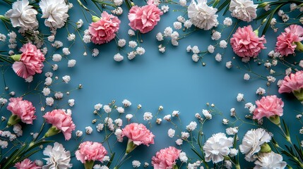   A blue background featuring pink, white, and lily of the valley flowers on one side, and white and pink blossoms on the other