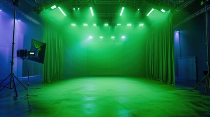 Naklejka premium A green room with a green curtain and lights