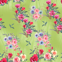 Seamless pattern with roses on a green background. Watercolor hand drawn