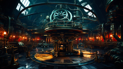 Photo Steampunk interior with massive machinery pipes clocks and giant vault door in the background - 778756997