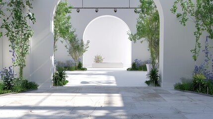 A white room with a large archway and a green plant in the middle - Powered by Adobe