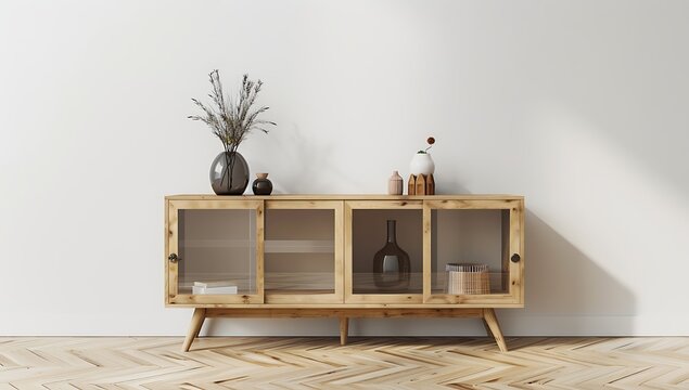 A modern wooden media console with glass doors stands on parquet floor against a white wall