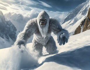 AI generated illustration of the mythical Yeti creature walking in deep snow in the Himalaya Mountains - obrazy, fototapety, plakaty