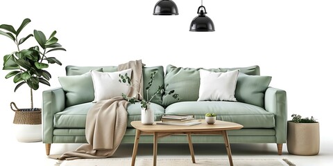 A light green sofa with two white pillows and throw blanket on top