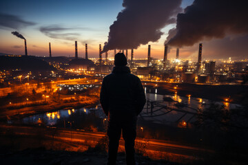 Fototapeta na wymiar Man looks at the pipes of factory at night polluting the air