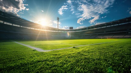 A large stadium with a bright sun shining on the field