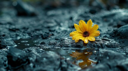   A yellow flower atop a black rock, wet from drops of water and sitting on a puddle