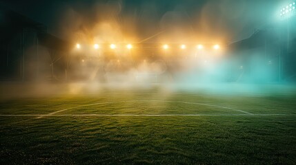 A soccer field with fog and lights