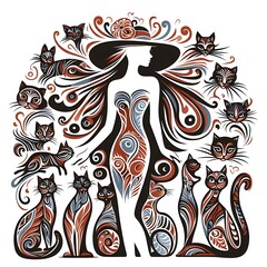A stylized image featuring a silhouette of a woman surrounded by various cats