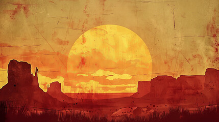 A vibrant illustration of a desert scene at sunset with a large sun, giving off a retro and...