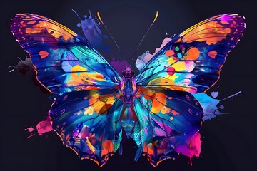 A colorful butterfly with large wings made of paint against a dark background