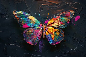 A colorful butterfly with vibrant wings made of paint, set against a dark background