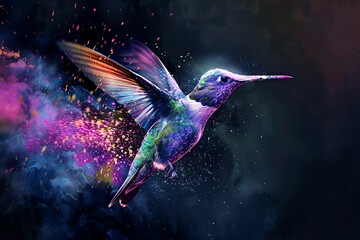 A artistic illustration of a hummingbird made from colorful powder flying in the air against a dark background in  - Powered by Adobe