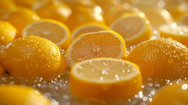   A cluster of lemons positioned atop a table, adjacent to one another, with droplets of water clinging to their surfaces
