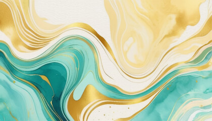 Abstract marble background with gold and turquoise colors suitable for luxury marketing materials, fashion design, and social media graphics.