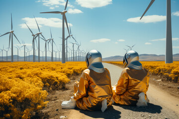 Two astronauts sit on the road against the background of windmills.