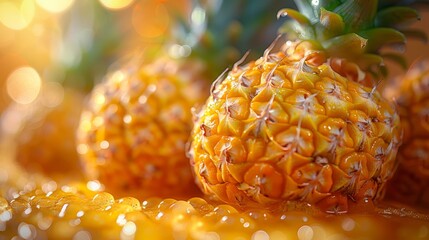   A cluster of golden-brown pineapples arranged atop a sparkling table bedecked with iridescent glitter - obrazy, fototapety, plakaty